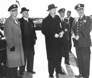 11 December 1956: Senator Sparkman tours missile facilities, seen here with MG Holger N. Toftoy (far left) and MG John B. Medaris (far right)
