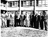 Top officials of ABMA's famous Development Operations Division appear
for a group picture in June 1959. Left to right are: Dr. Ernst Stuhlinger,
Director & Research Projects Office; Dr. H. Hoelzer, Director & Computation Laboratory;
K.L. Heimburg, Director & Test Laboratory; Dr. E.D. Geissler, Director &
Systems Analysis & Reliability Laboratory; Dr. W. Haeussermann,
Director & Guidance and Control Laboratory;
Dr. Wernher von Braun, Director & Development Operations Division;
W.A. Mrazek, Director & Structures and Mechanics Laboratory; Hans Hueter,
Director & System Support Equipment Laboratory; Eberhard Rees,
Deputy Director & Development Operations Division; Dr. Kurt Debus,
Director & Missile Firing Laboratory; H.H. Maus,
Director & Fabrication and Assembly Engineering Laboratory