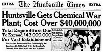 Huntsville Times headline - Huntsville gets chemical war plant 40 million