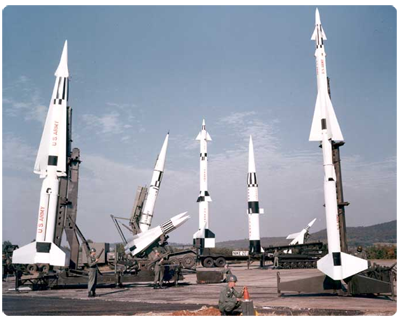 HAWK, NIKE HERCULES, MAULER, NIKE AJAX, REDEYE, and Target Missiles on display