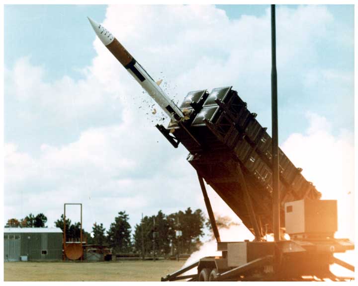 Photo of PATRIOT missile being fired, photo captured as missile leaves the launcher.