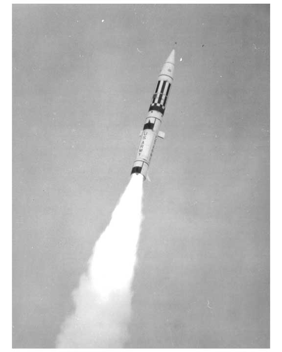 Photo of Pershing missile in launch.
