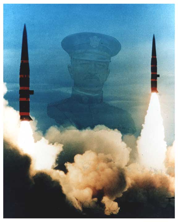 Photo of 2 Pershing missiles being launched, with silhouette image of General John Pershing superimposed in between the 2 missiles.